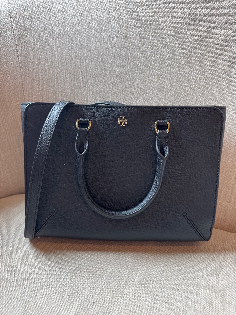 Tory Burch Black Robinson Leather Top-Handle and side Satchel with Gold Logo